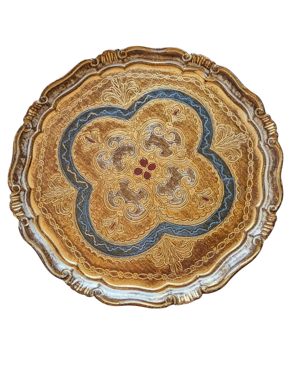 Italian Florentine Gold and Blue Serving Tray 15" Vintage Gilt Decor Baroque